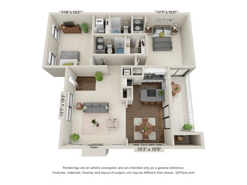 Floor plan for 2 beds, 2 baths, 987 sqft